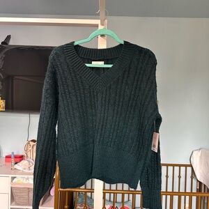 LC Lauren Conrad Dark Green V-Neck Cable Sweater